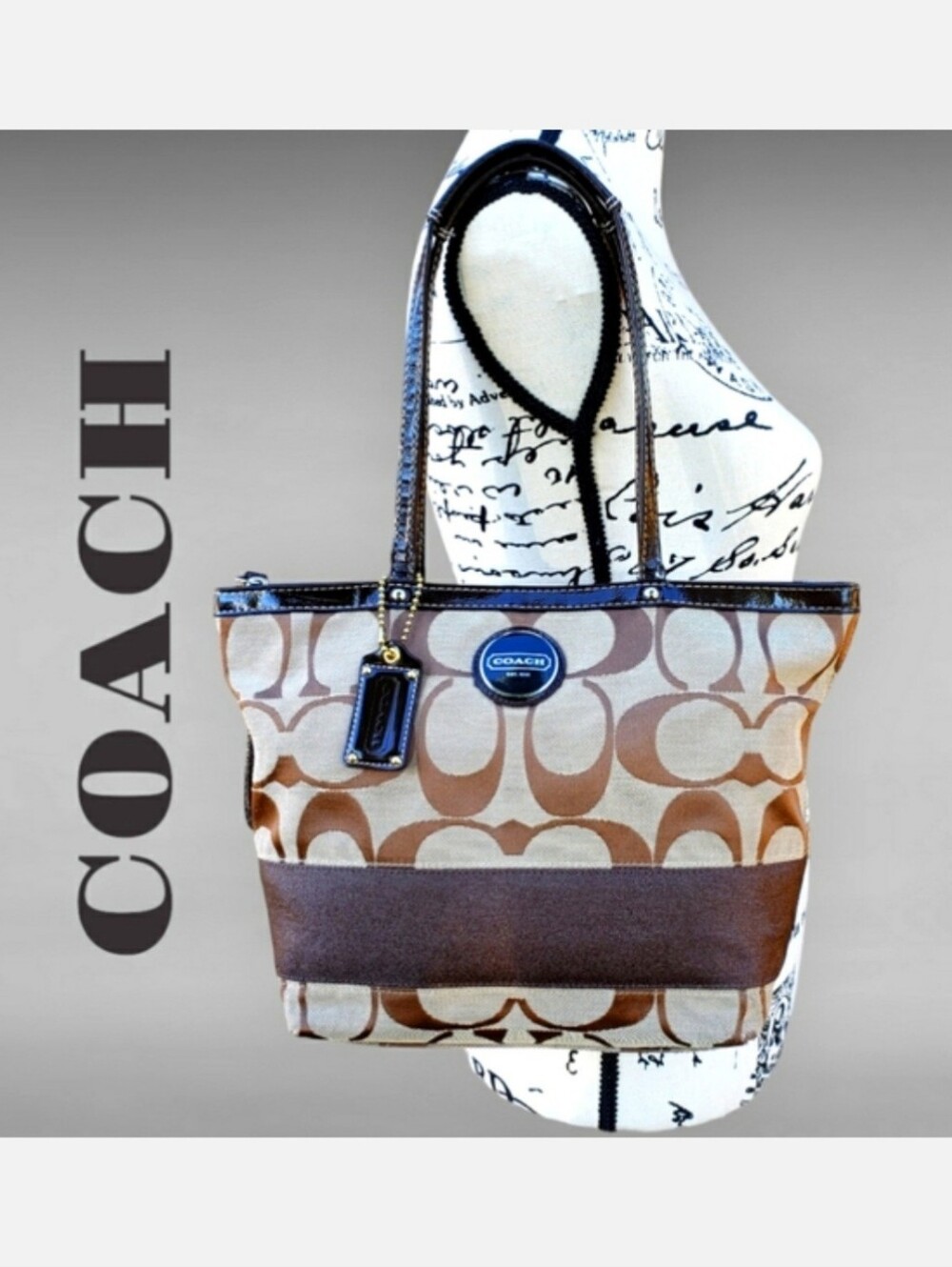 💯 COACH Signature Brown Stripe Shoulder Tote & Handbag Purse